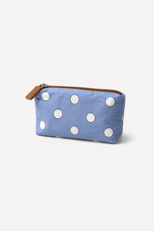 Coconut Ave Hele Wallet Pouch in the Denim Coco Dots print made from splash-proof Tyvek® for storing cards, cash, and everyday essentials.