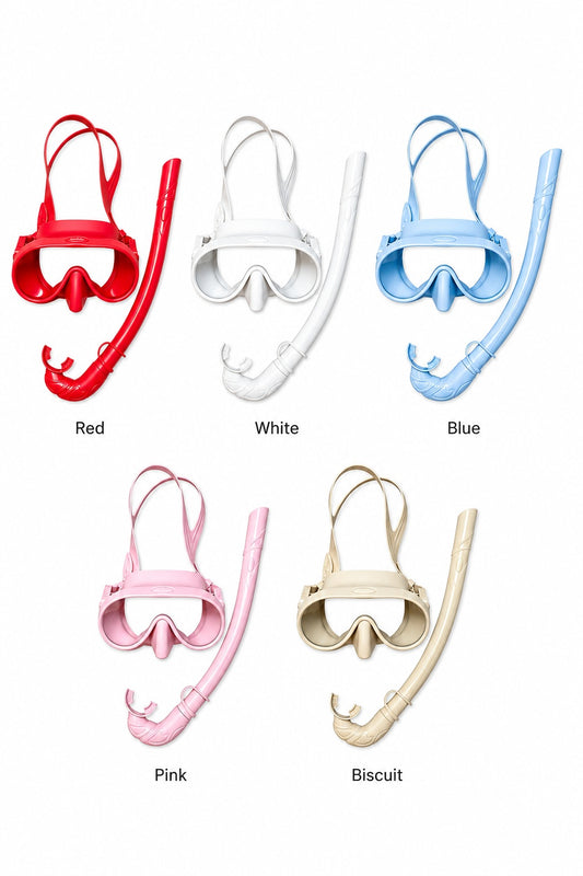 Adult snorkel mask and dry snorkel set available in Red, White, Blue, Pink, and Biscuit color options on a white background