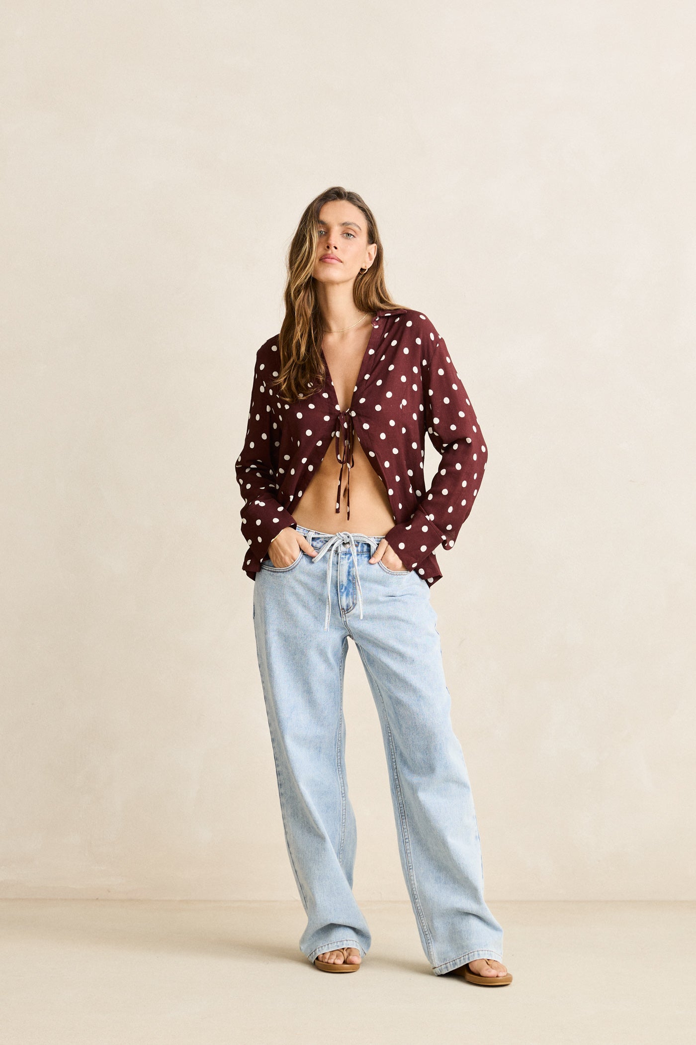 Polka Dot Tie Front Shirt - Cafe