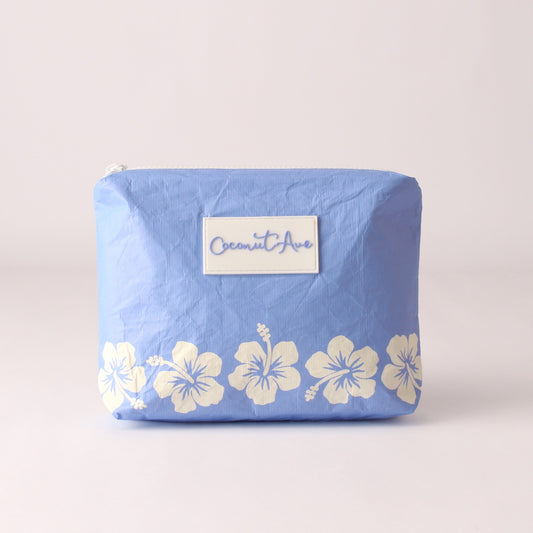 Small Hele Pouch in Retro Pua Cornflower Blue print made from water-resistant Tyvek® by Coconut Ave.