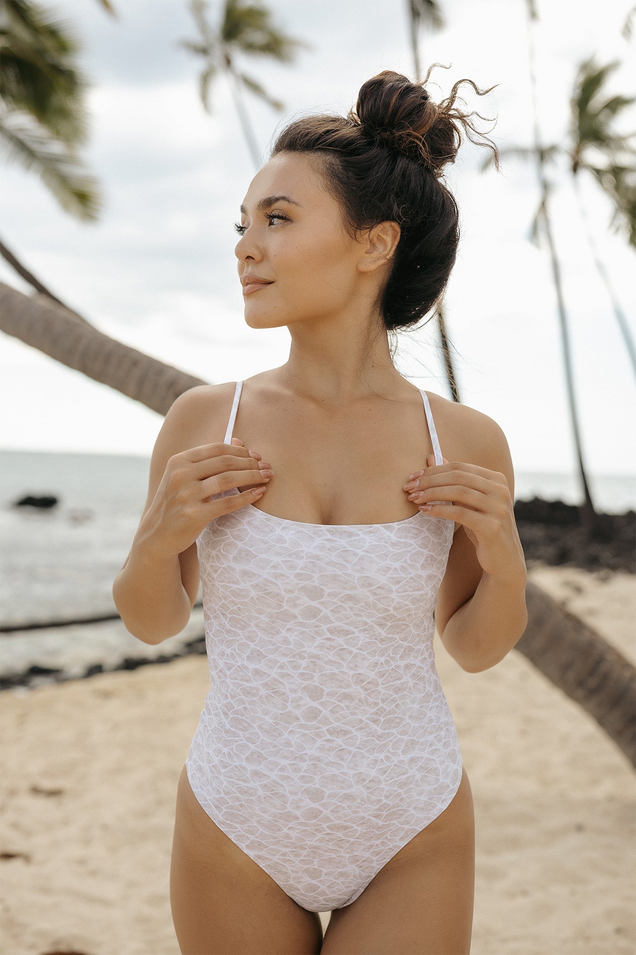 Close-up front view of the Stevie One Piece in Hulali print showing the scoop neckline