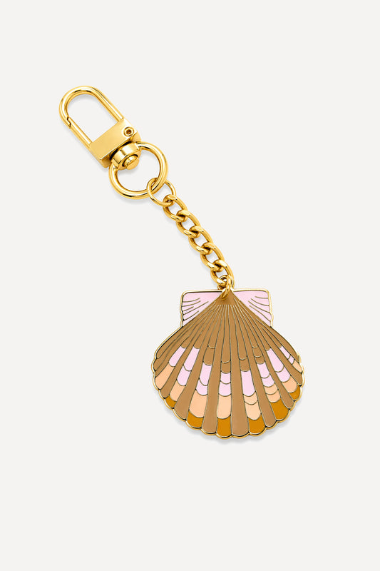 Sunny Days enamel seashell keychain with gold hardware featuring an original Coconut Ave design.