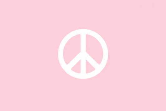 White peace symbol on a soft pink background representing hope, solidarity, and community support during Hawaiʻi flood recovery efforts.
