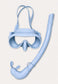 Blue adult snorkel mask and dry snorkel set with adjustable silicone straps and mouthpiece on a white background