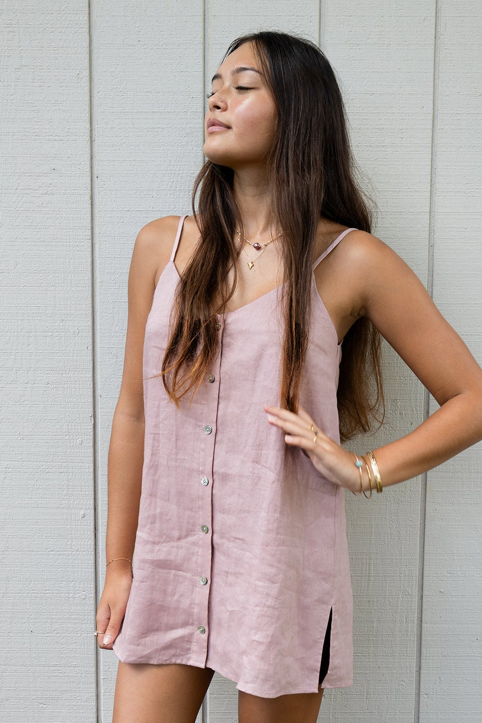 Model wearing the Coconut Ave Day Tripper Dress in Rosey showcasing the relaxed A-line silhouette.
