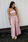 Full-length view of the Coconut Ave Dreamweaver Pant in Rosey worn with the matching Smocked Tube Top.