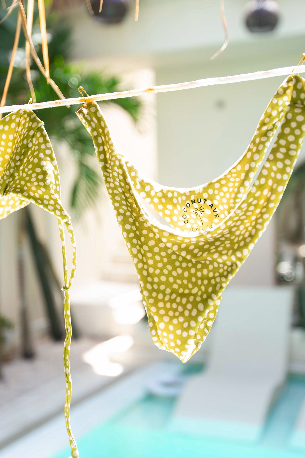 Close-up of the Coconut Ave Hippie Bottom in the Moray print hanging outdoors, highlighting the super cheeky bikini bottom design and tropical-inspired pattern.