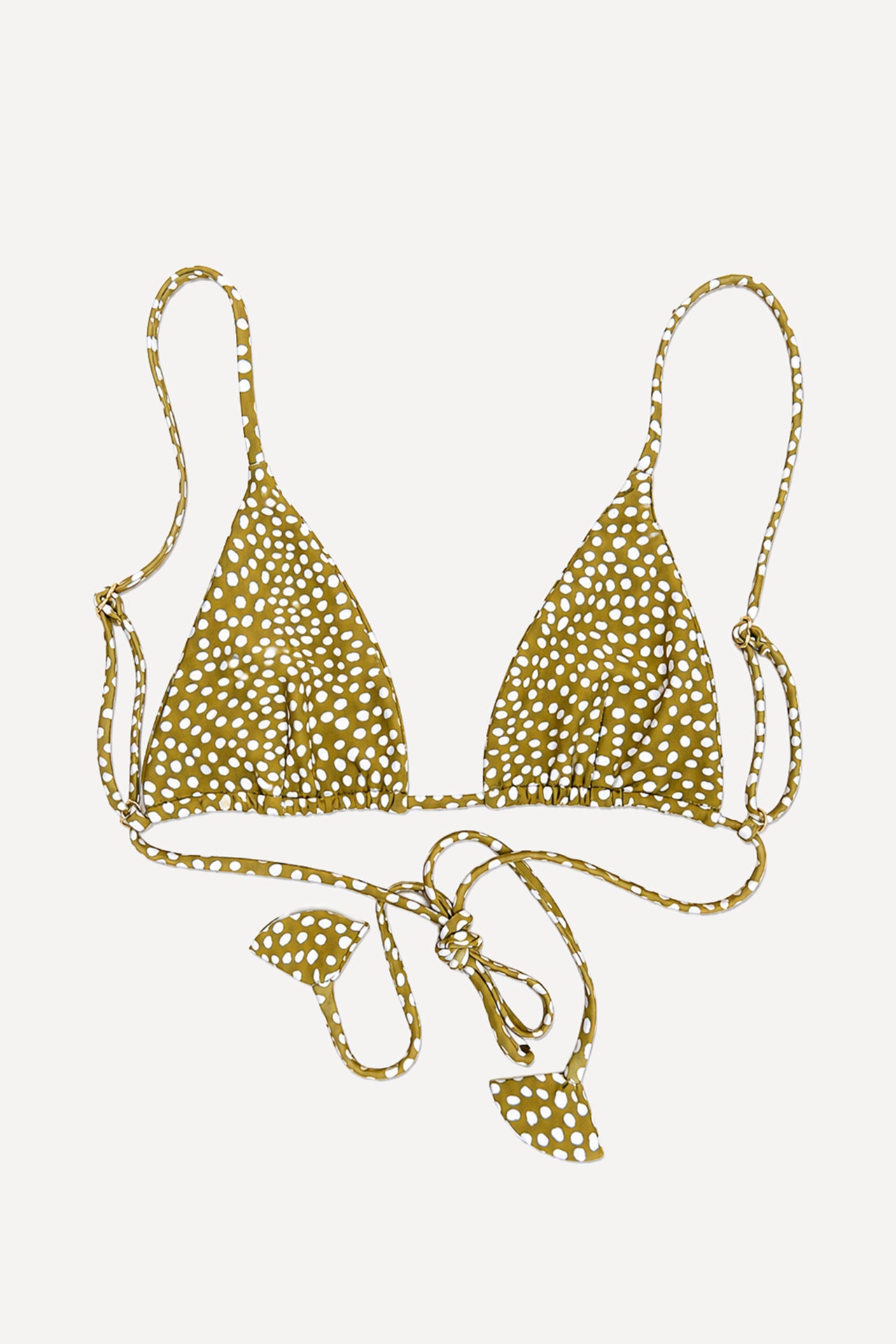 Front view of the Coconut Ave Hula Triangle Top in the Moray print featuring a classic triangle bikini silhouette, adjustable shoulder straps, tie-back closure, double-lined construction, recycled stretch fabric, and tropical-inspired green and yellow pattern designed in Hawaiʻi for women's swimwear.