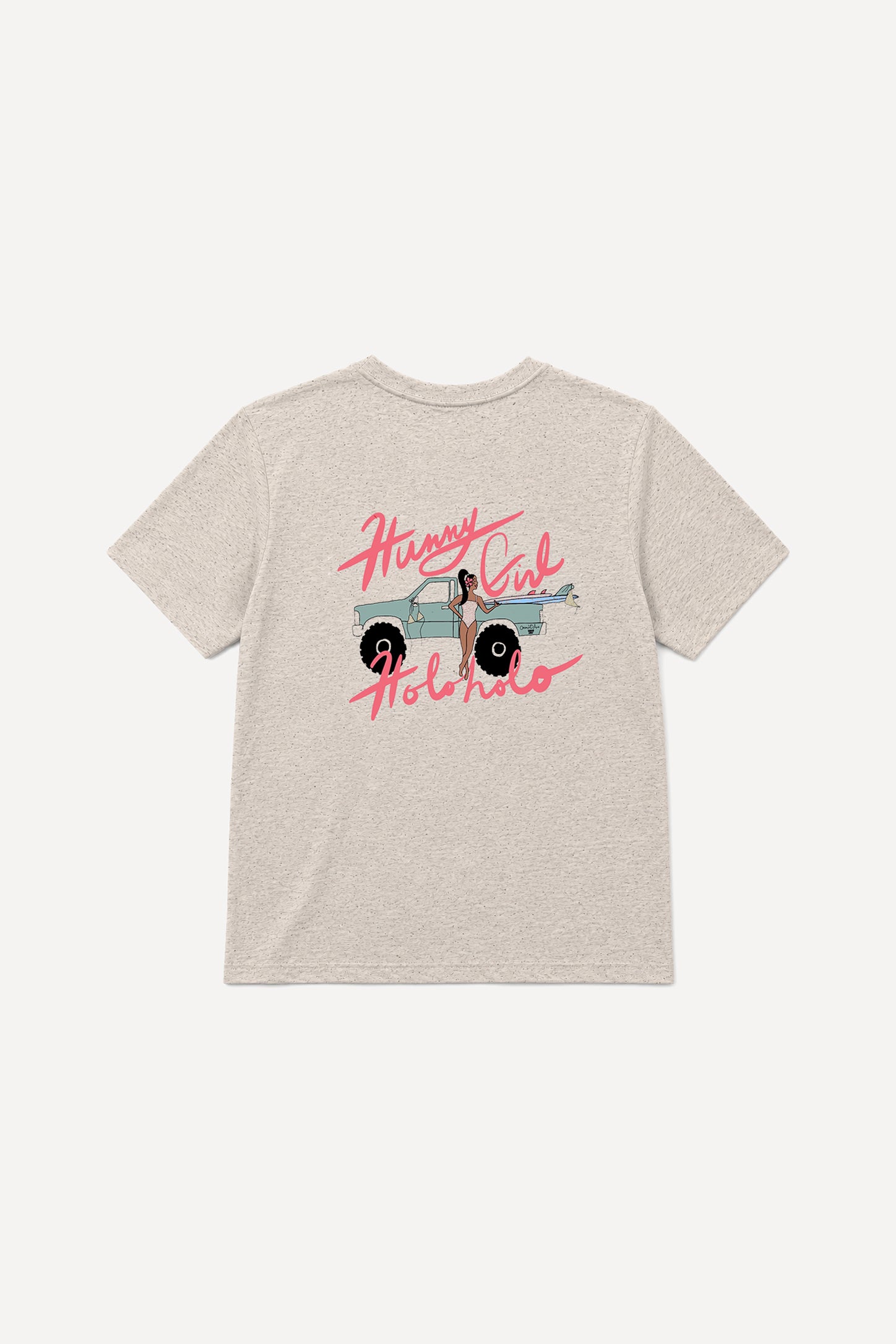 Front product image of the Coconut Ave Hunny Girl Holo Holo Graphic Tee in oatmeal heather featuring a small chest graphic