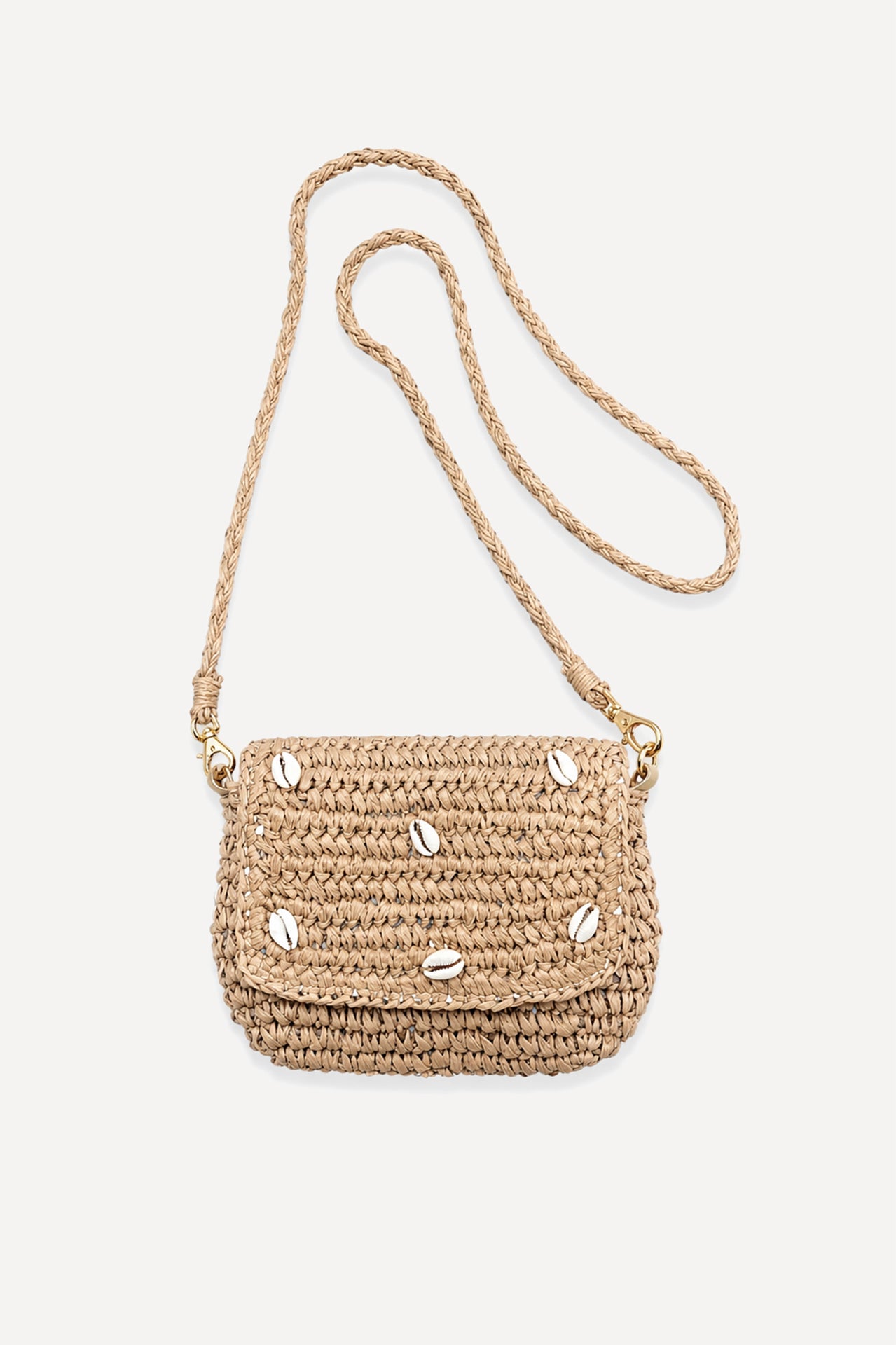 Front view of the Coconut Ave La Mer Bag showcasing woven design and puka shell embellishments.