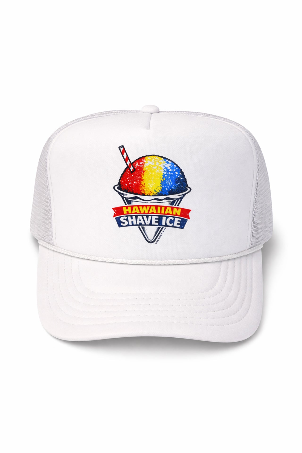 Front view of the Coconut Ave Trucker Hat – Hawaiian Shave Ice featuring a white foam front panel with colorful Hawaiian Shave Ice embroidered graphic, curved brim, and white mesh back.