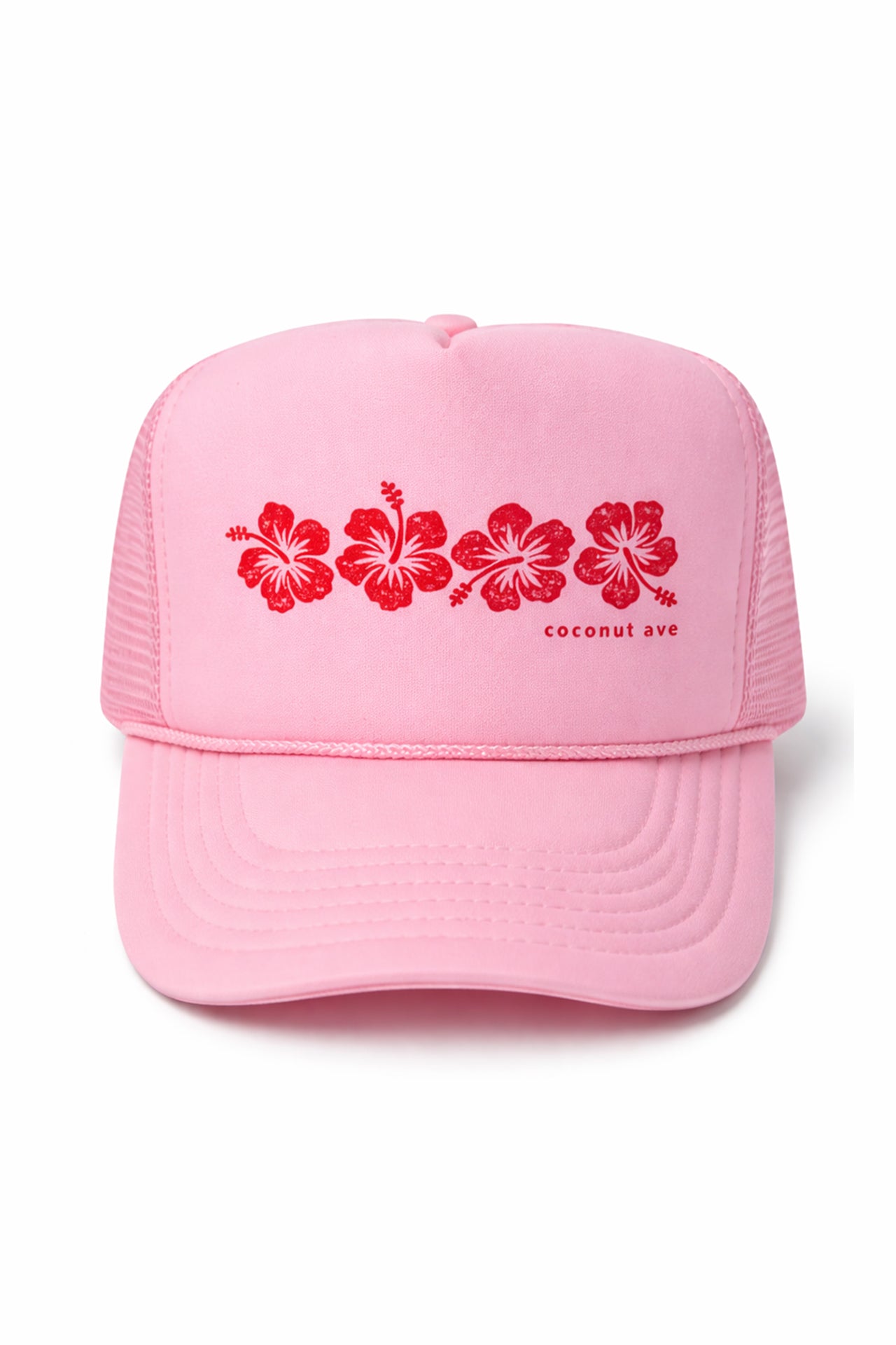 Front view of the Coconut Ave Trucker Hat – Red Hibiscus featuring a pink foam front panel with embroidered red hibiscus flowers, curved brim, white mesh back, and adjustable snapback closure.