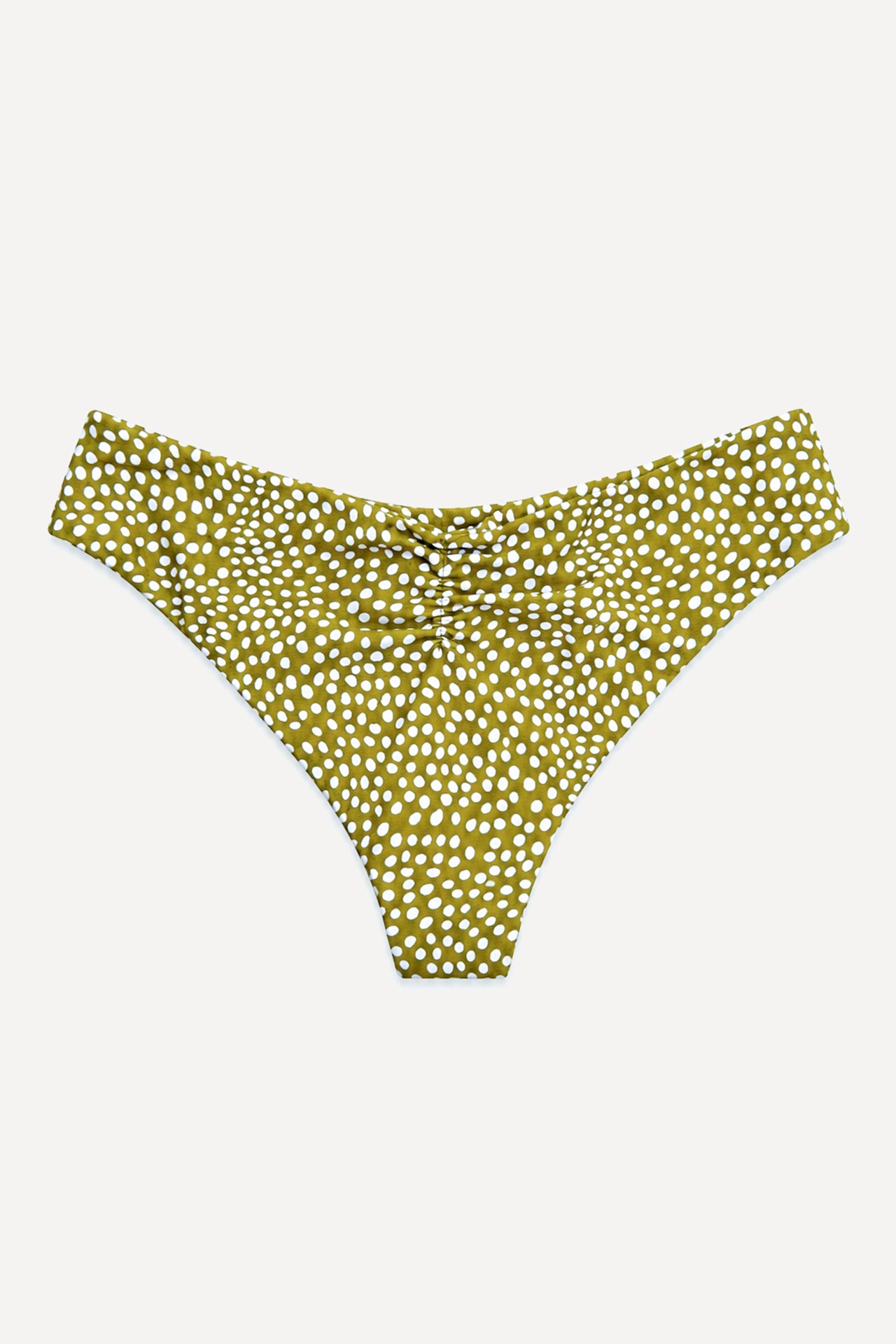 Back view of the Coconut Ave Half Scrunch Bottom in the Moray print highlighting the flattering half scrunch back detail, medium coverage, seamless construction, recycled stretch fabric, and tropical-inspired green and yellow pattern for women's bikini bottoms and resort swimwear.