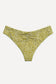 Back view of the Coconut Ave Half Scrunch Bottom in the Moray print highlighting the flattering half scrunch back detail, medium coverage, seamless construction, recycled stretch fabric, and tropical-inspired green and yellow pattern for women's bikini bottoms and resort swimwear.