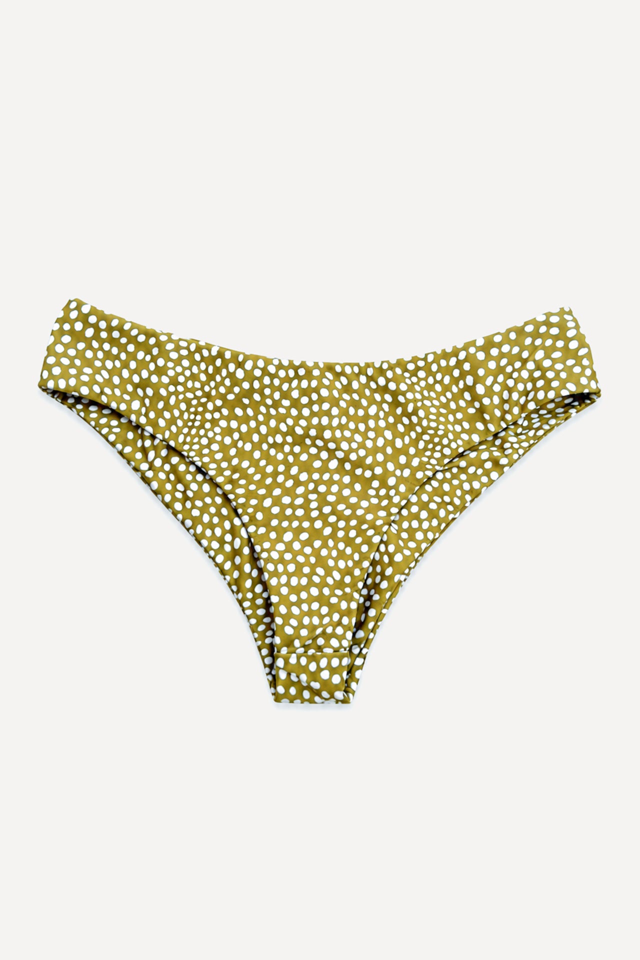 Front view of the Coconut Ave Half Scrunch Bottom in the Moray print featuring a medium-rise silhouette, supportive wide waistband, seamless construction, recycled stretch fabric, and green and yellow tropical-inspired pattern designed in Hawaiʻi for women's bikini swimwear.