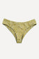 Front view of the Coconut Ave Half Scrunch Bottom in the Moray print featuring a medium-rise silhouette, supportive wide waistband, seamless construction, recycled stretch fabric, and green and yellow tropical-inspired pattern designed in Hawaiʻi for women's bikini swimwear.
