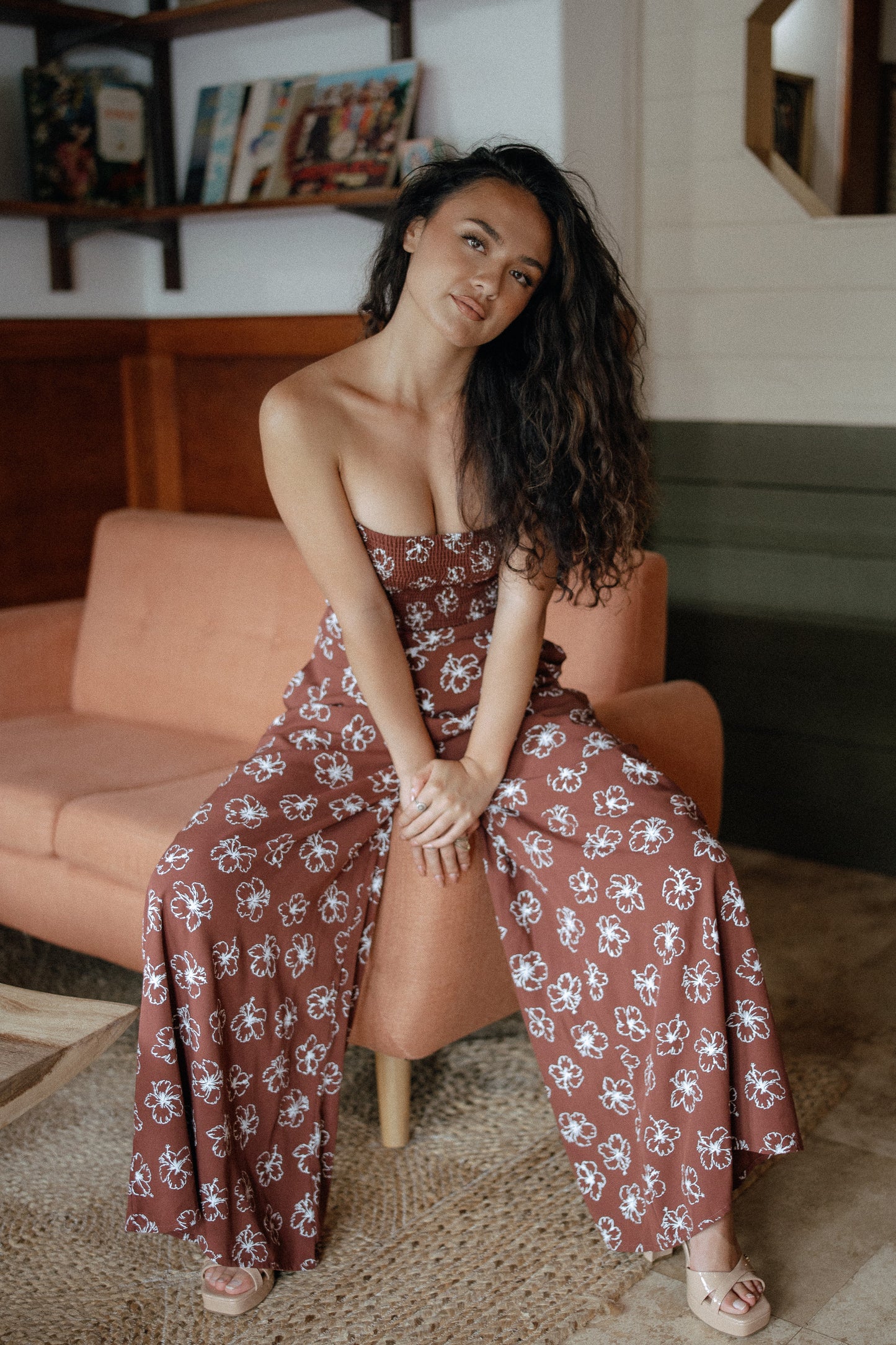 Disco Pant in Chocolate Bloom styled with the matching tube top for a tropical evening outfit, perfect for a resort dinner.