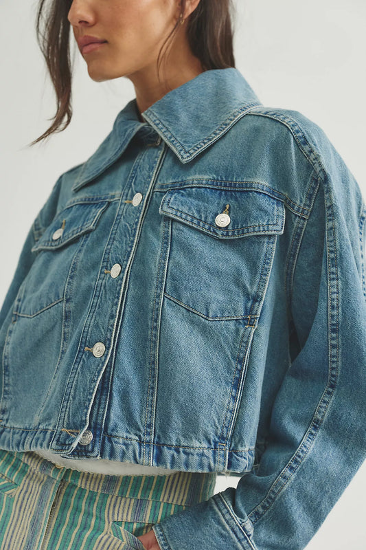Side To Side Cropped Denim Jacket - River Wash