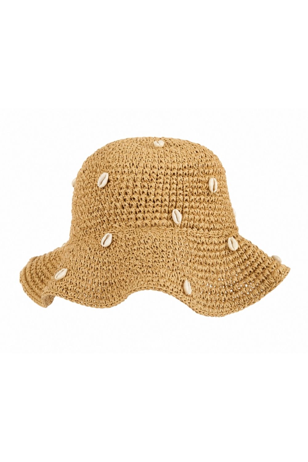 La Mer woven bucket hat with shell details on a white background