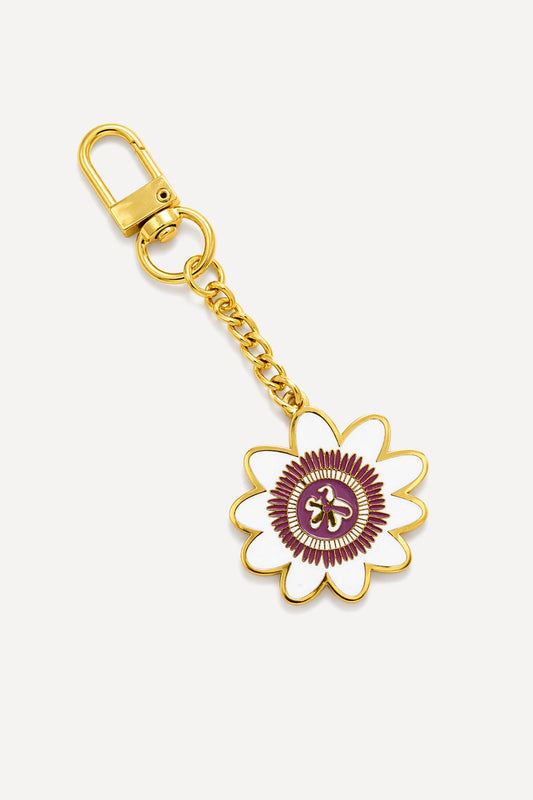 Passion Flower enamel keychain featuring a hand-drawn Hawaiian flower design with a glossy finish.