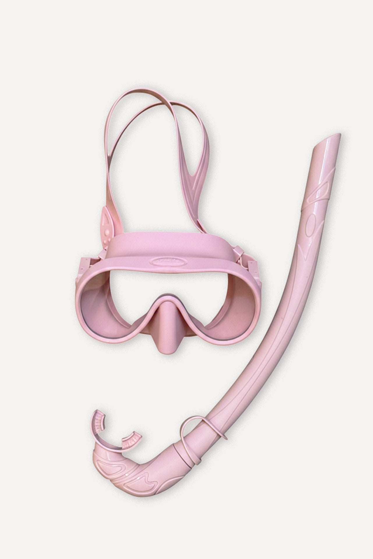 Pink silicone mask and snorkel set with tempered glass lenses and matching snorkel.