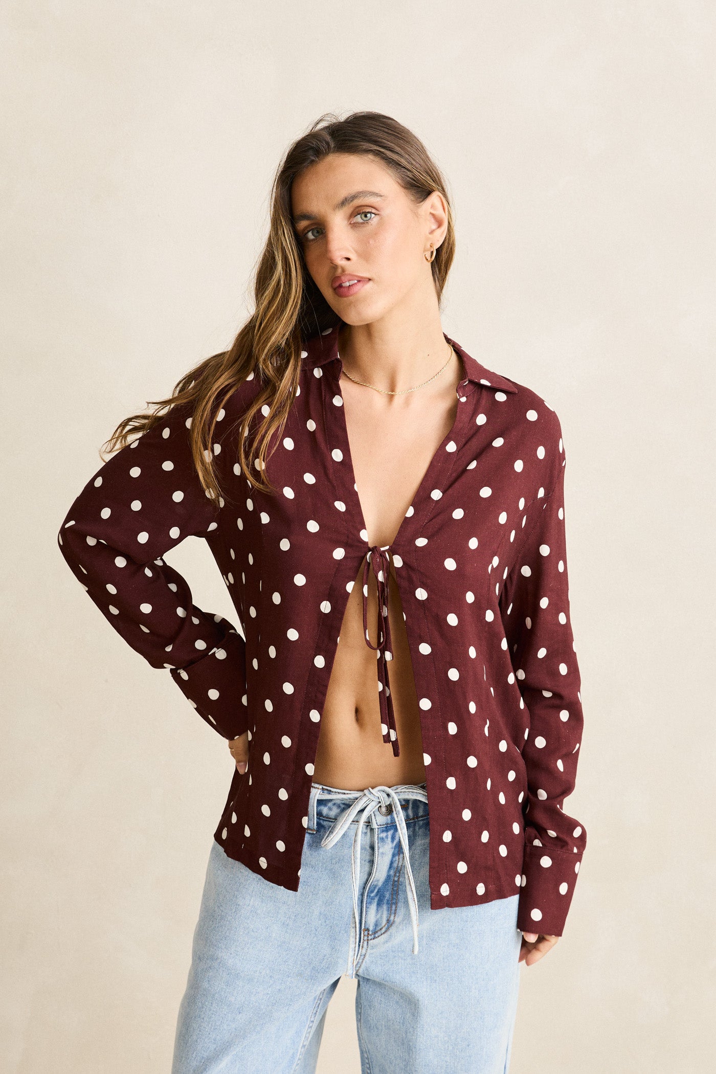Polka Dot Tie Front Shirt - Cafe