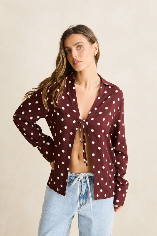 Polka Dot Tie Front Shirt - Cafe