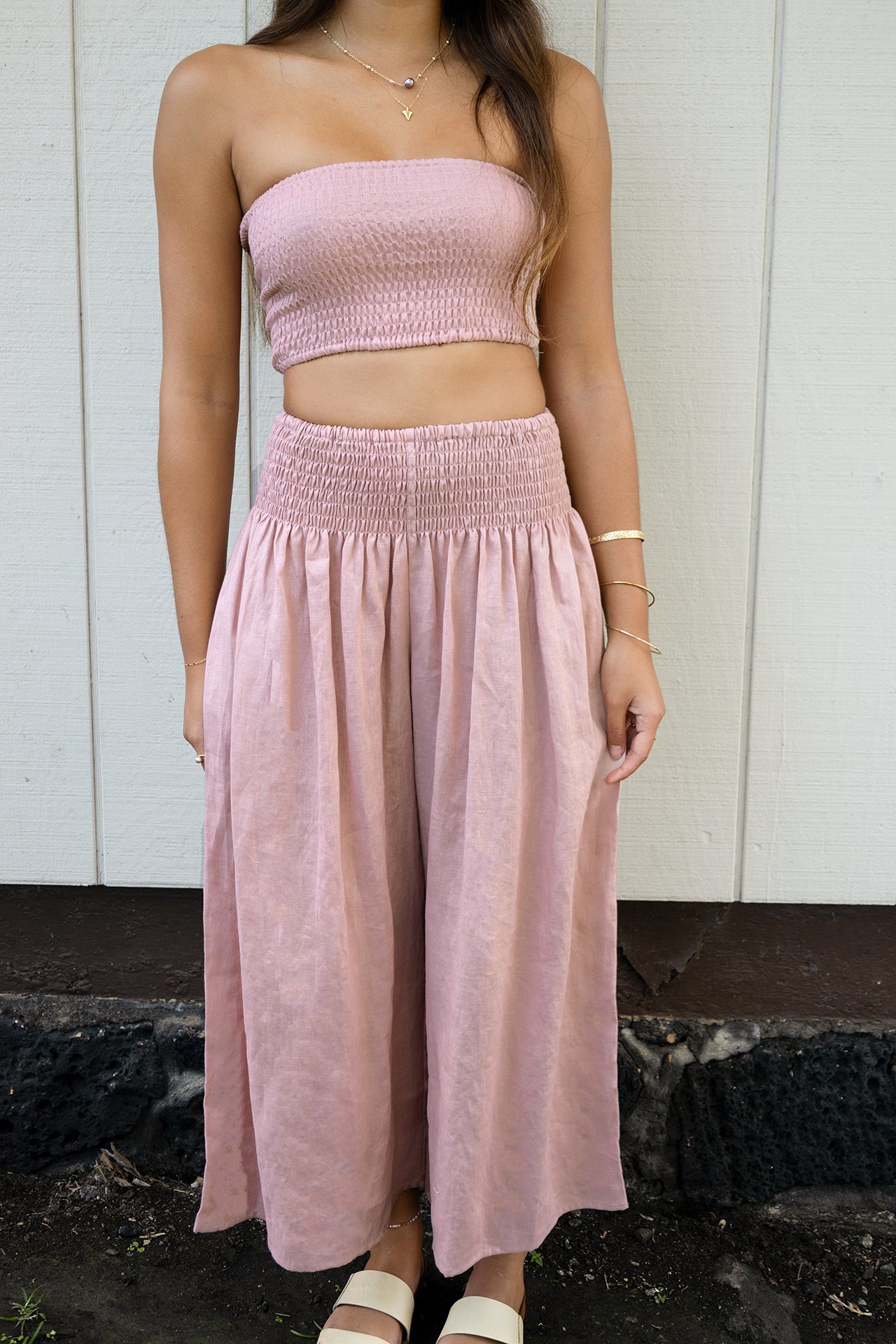 Front view of the Coconut Ave Smocked Tube Top in Rosey styled with the matching Dreamweaver Pant.