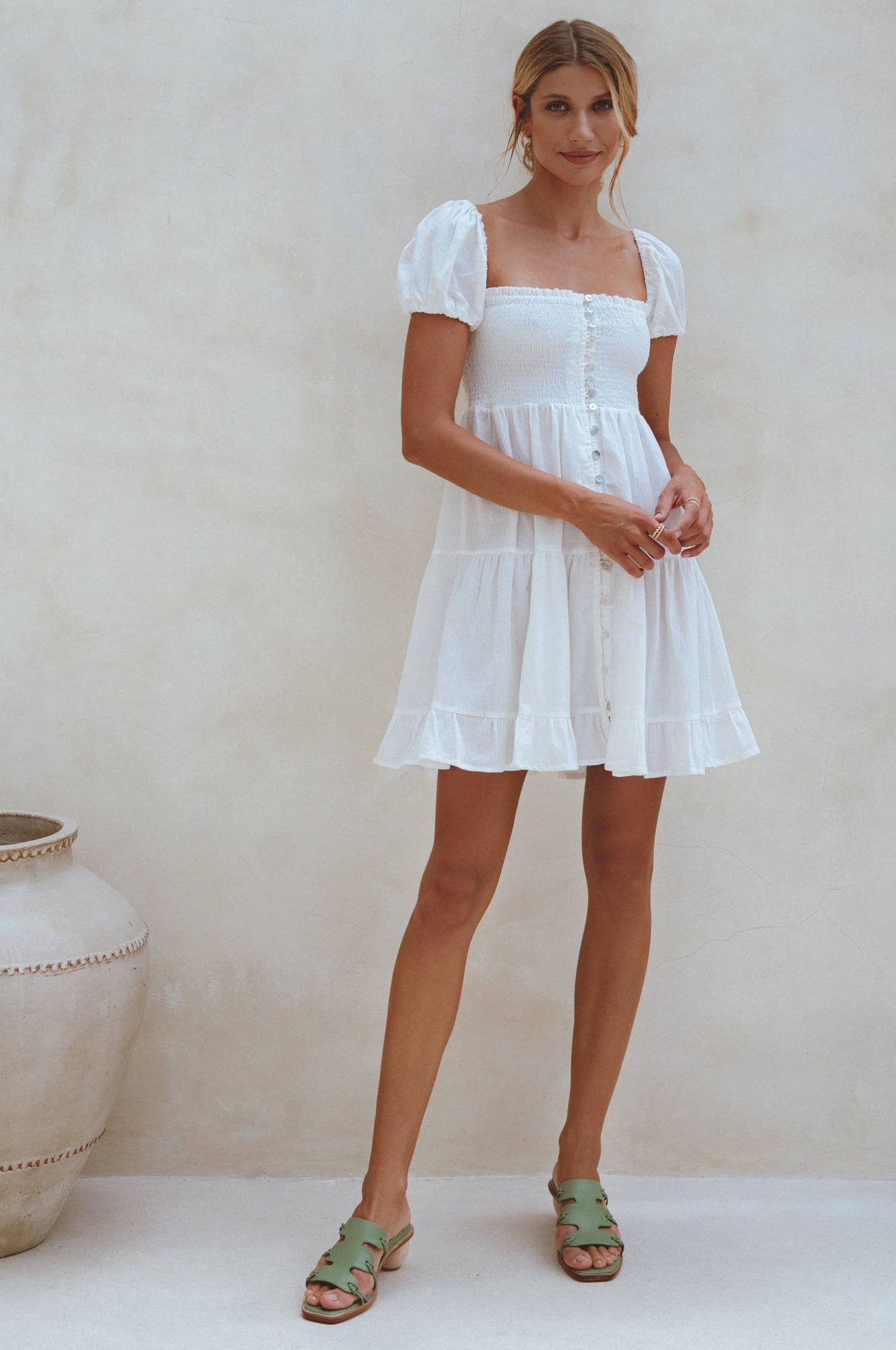 Catalina Smocked Linen Mini Dress - White